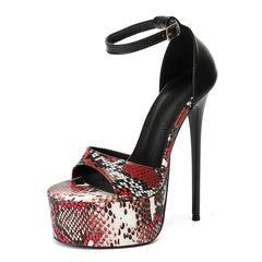 Snake Pattern Buckle Strap Sandals Street Style Stiletto High Heel