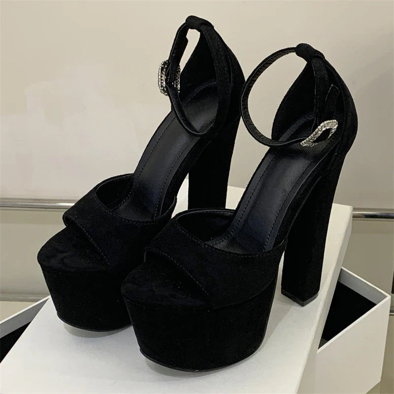 Solid Platform Open Toe Buckle Strap Sandals Super Square High Heel