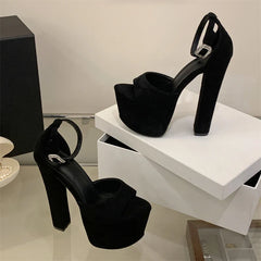 Solid Platform Open Toe Buckle Strap Sandals Super Square High Heel