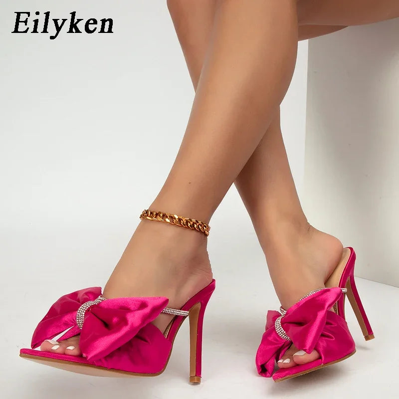 Slippers Crystal Rhinestones Bowknot Thin Heel