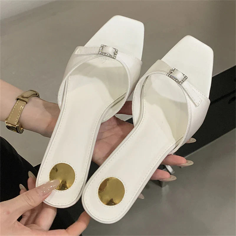 Slipper Designer Buckle Square Toe Ladies Sandals Thin Low Heel