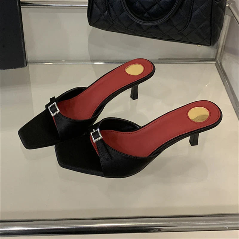 Slipper Designer Buckle Square Toe Ladies Sandals Thin Low Heel