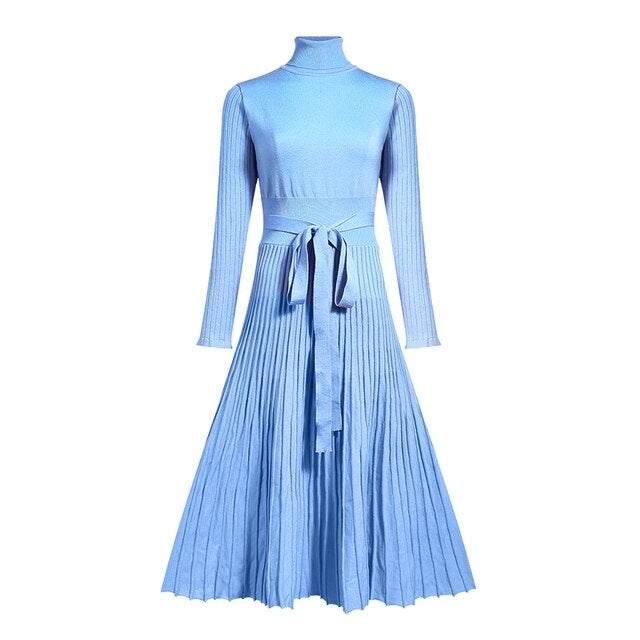 Elastic Pleated Knitted Long Sleeve Sweater Dress