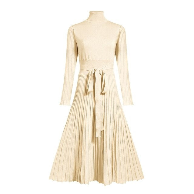 Elastic Pleated Knitted Long Sleeve Sweater Dress
