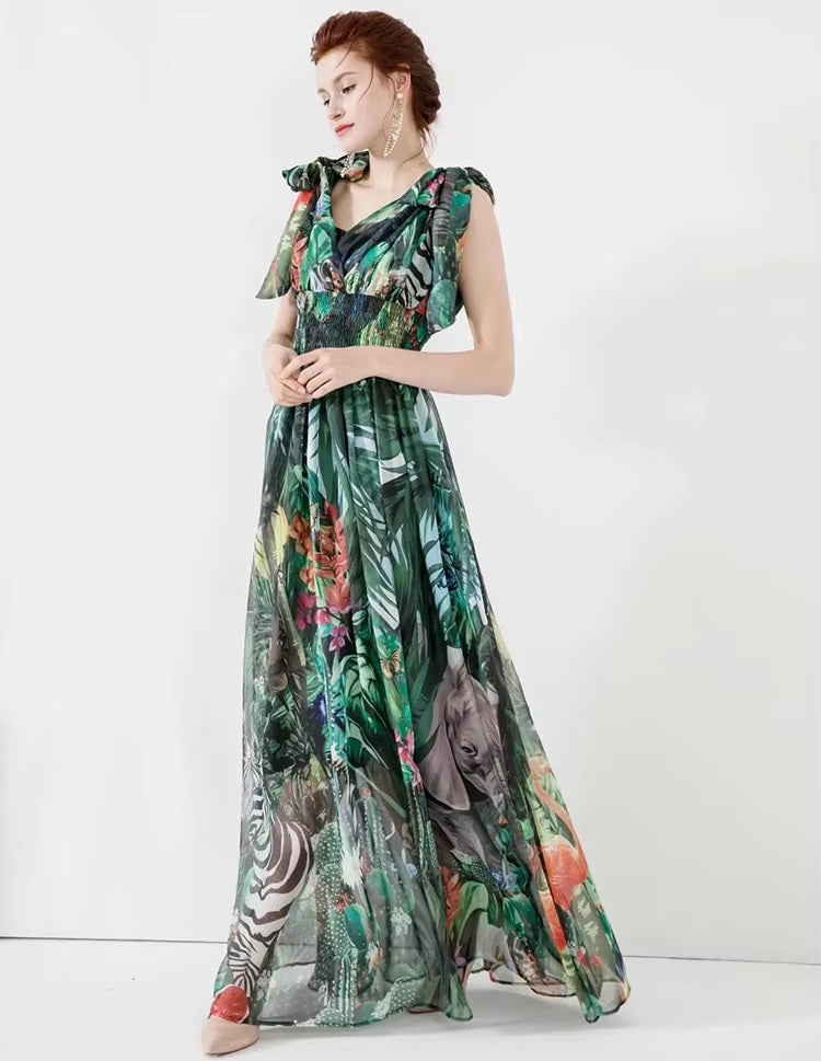 Elastic Waist Deep V-Neck Spaghetti strap Chiffon Maxi Dresses