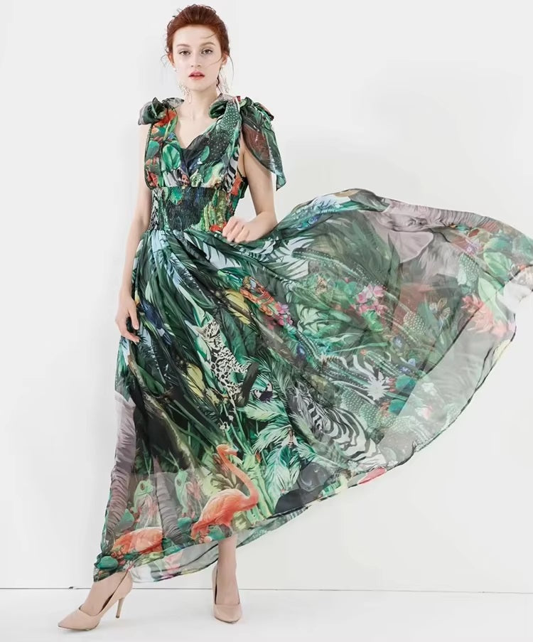Elastic Waist Deep V-Neck Spaghetti strap Chiffon Maxi Dresses
