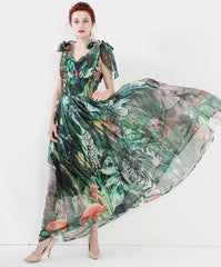 Elastic Waist Deep V-Neck Spaghetti strap Chiffon Maxi Dresses