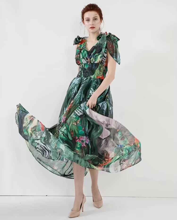 Elastic Waist Deep V-Neck Spaghetti strap Chiffon Maxi Dresses
