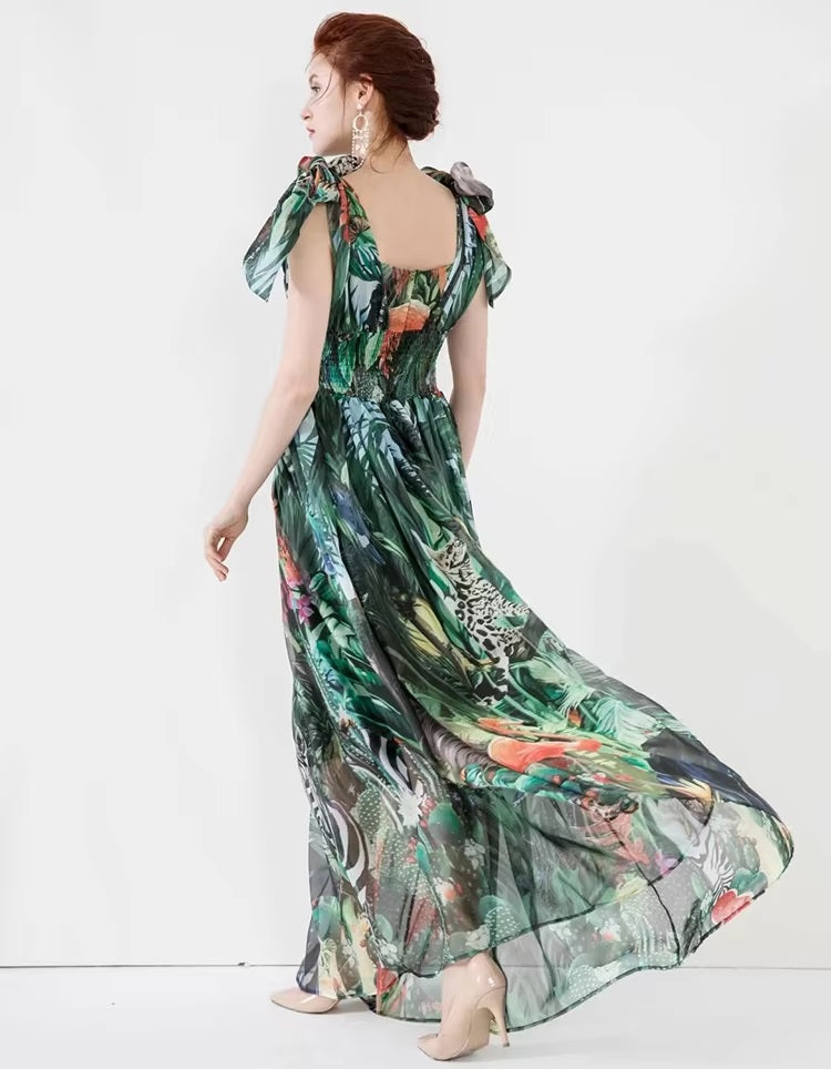 Elastic Waist Deep V-Neck Spaghetti strap Chiffon Maxi Dresses