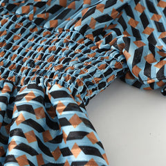 Elastic Waist Geometric Print V-Neck Maxi Dress