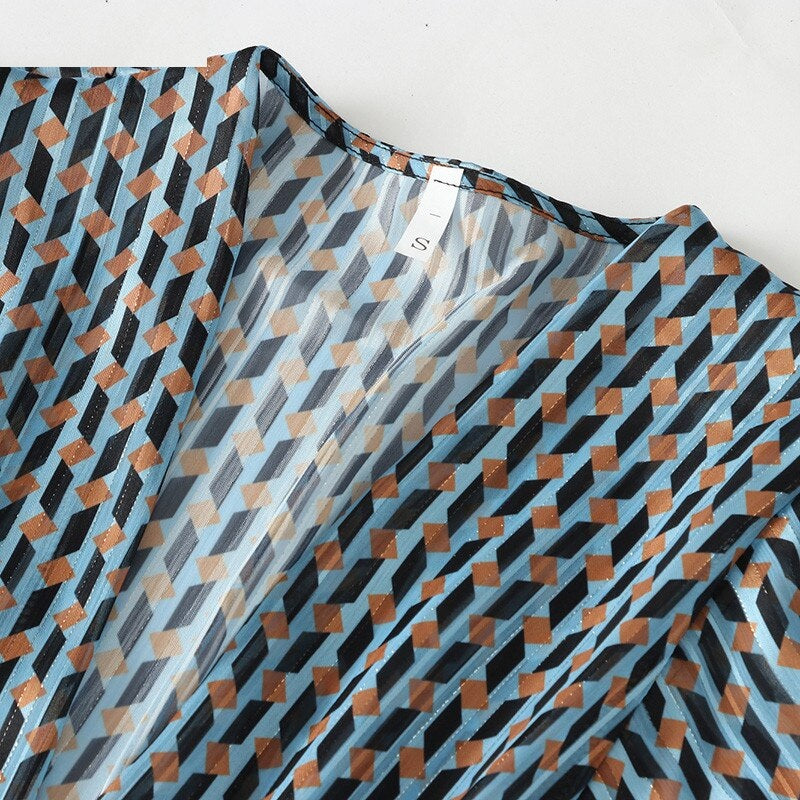 Elastic Waist Geometric Print V-Neck Maxi Dress