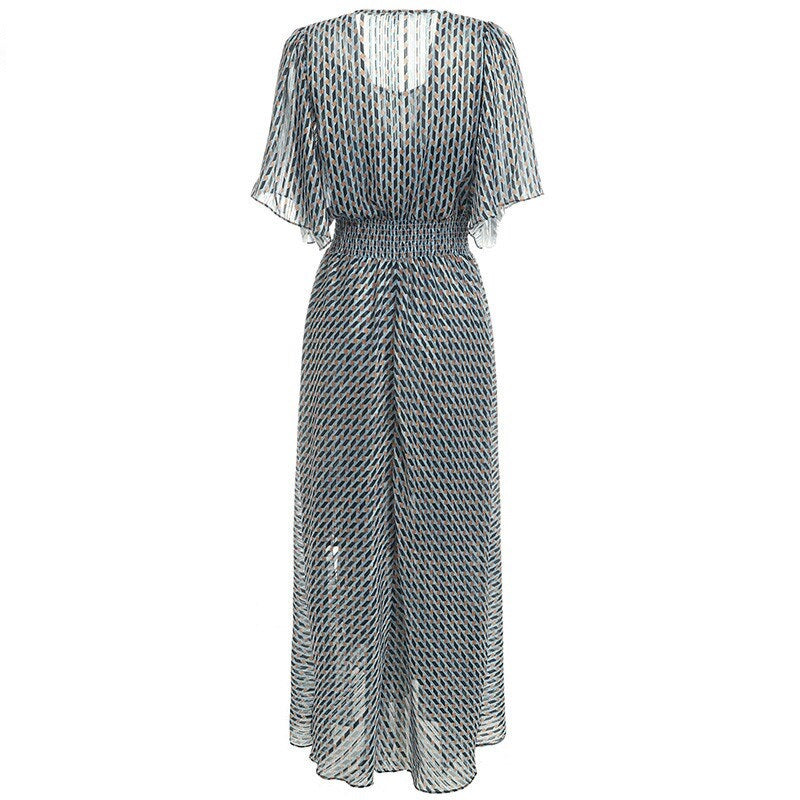 Elastic Waist Geometric Print V-Neck Maxi Dress
