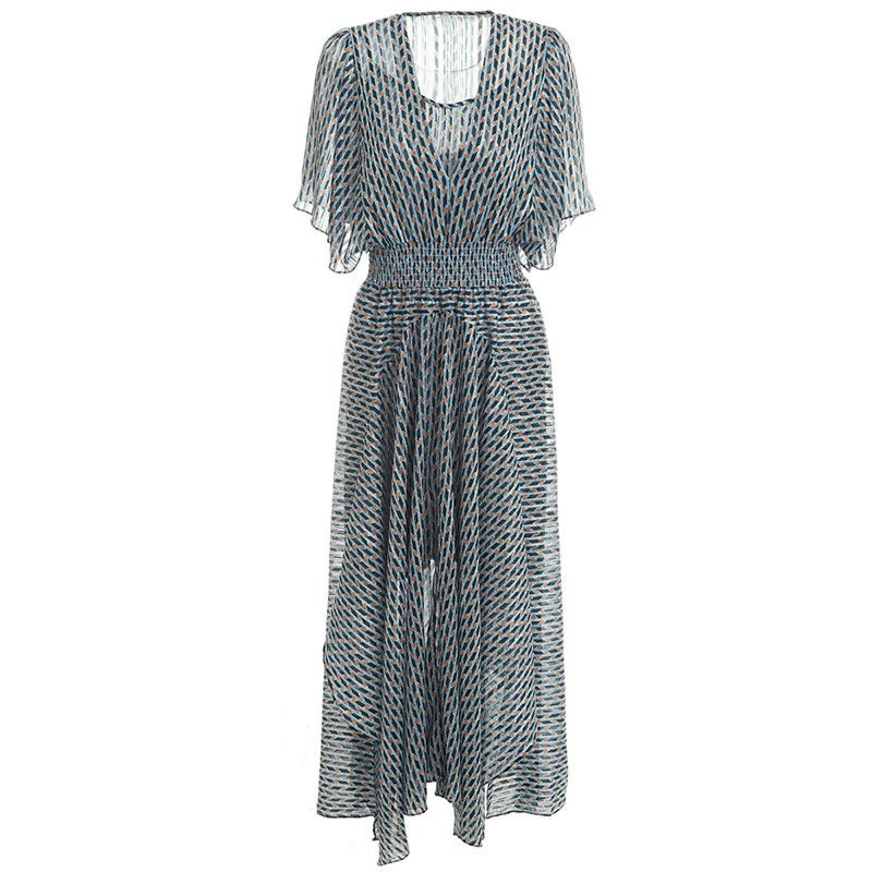 Elastic Waist Geometric Print V-Neck Maxi Dress
