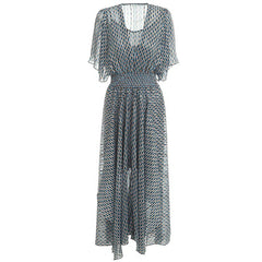 Elastic Waist Geometric Print V-Neck Maxi Dress