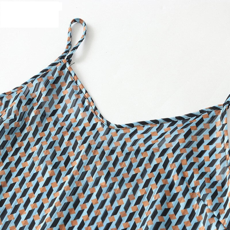Elastic Waist Geometric Print V-Neck Maxi Dress
