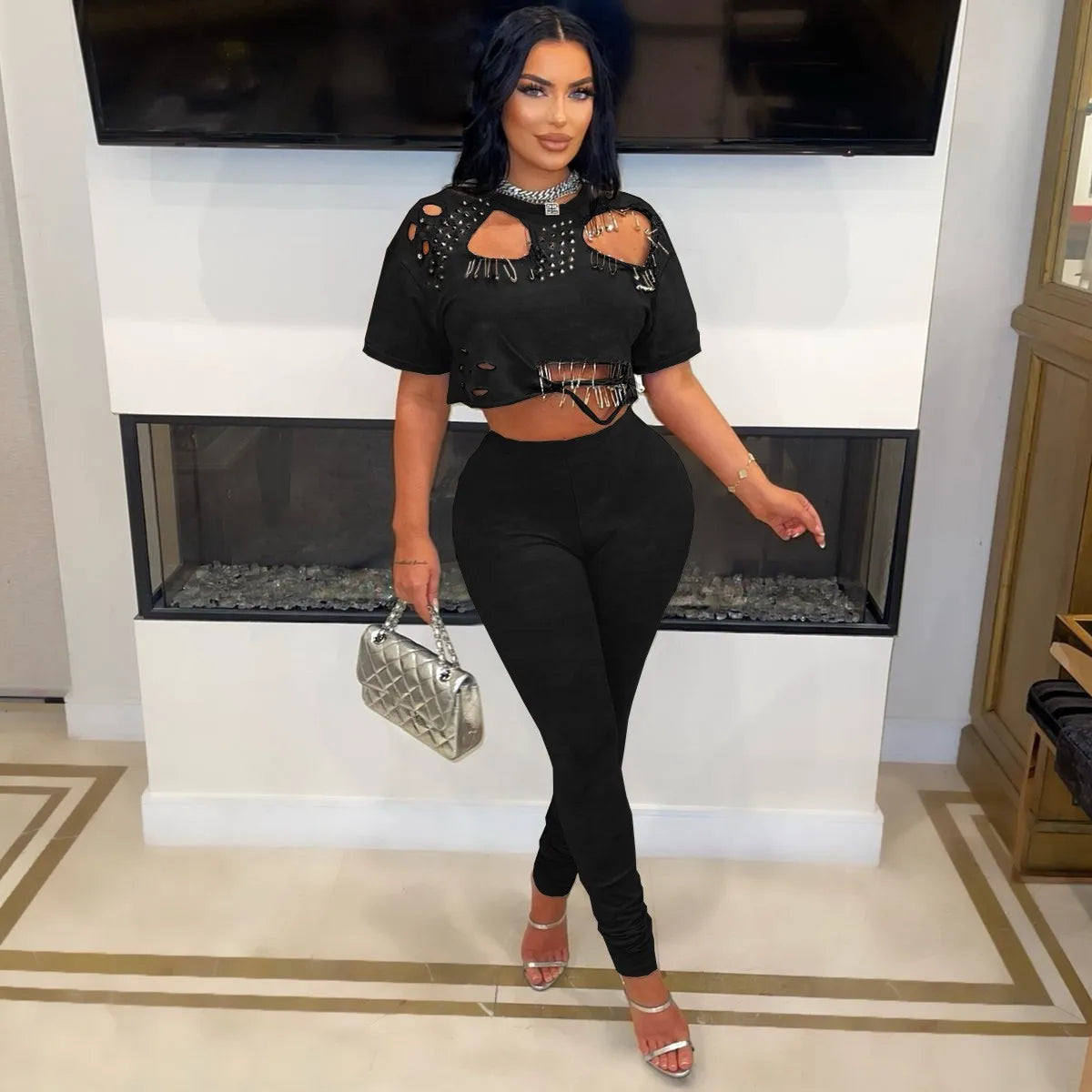 Elegant 2 Piece Set Hollow Pin Short Sleeve Crop Tops and Pencil Pants Matching Party Club Outfits