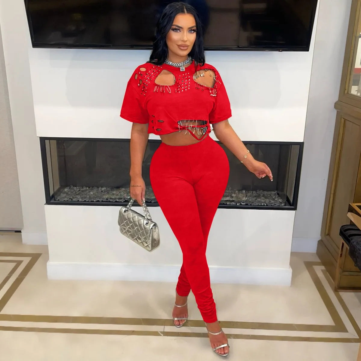 Elegant 2 Piece Set Hollow Pin Short Sleeve Crop Tops and Pencil Pants Matching Party Club Outfits