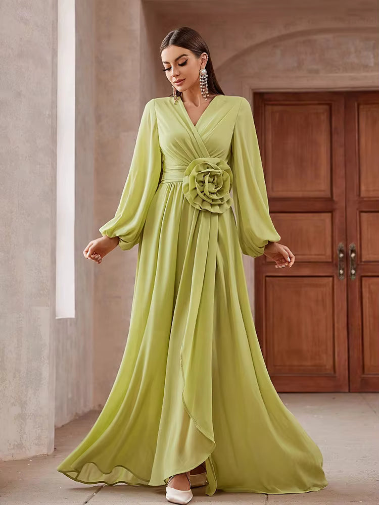 Elegant 3D Floral Decorated Ankle-Length Lantern Sleeve Maxi Dress