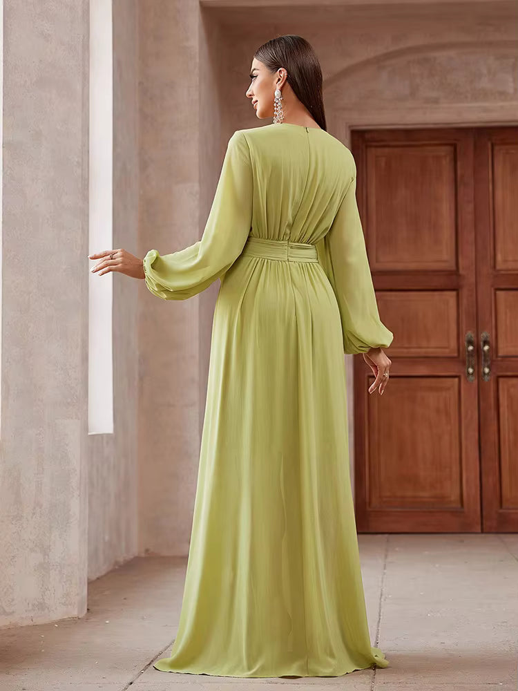 Elegant 3D Floral Decorated Ankle-Length Lantern Sleeve Maxi Dress