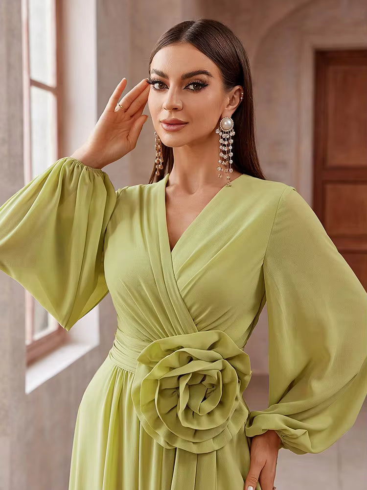 Elegant 3D Floral Decorated Ankle-Length Lantern Sleeve Maxi Dress