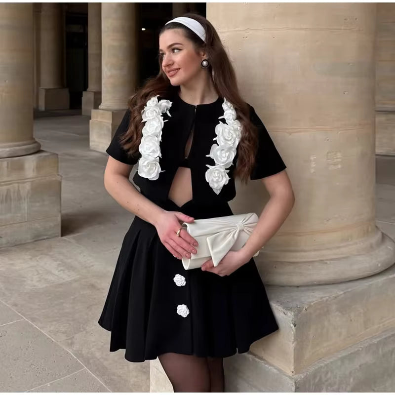 Elegant 3D Flower Hollow Out O-neck Short Sleeves Crop Tops A-line Pleated Mini Skirts Two Piece Set