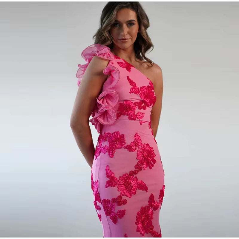 Elegant 3D Flower One Shoulder Ruched Skew Collar Sleeveless Backless Long Maxi Dress