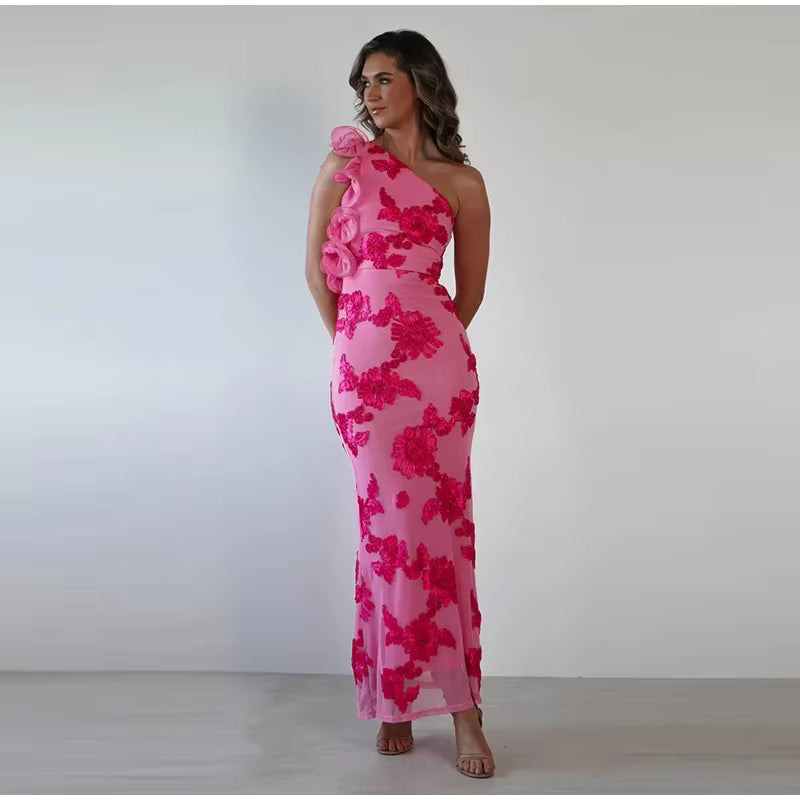 Elegant 3D Flower One Shoulder Ruched Skew Collar Sleeveless Backless Long Maxi Dress