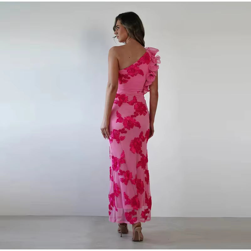 Elegant 3D Flower One Shoulder Ruched Skew Collar Sleeveless Backless Long Maxi Dress