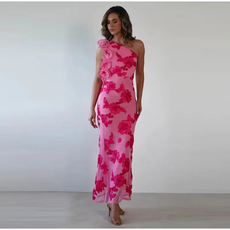 Elegant 3D Flower One Shoulder Ruched Skew Collar Sleeveless Backless Long Maxi Dress