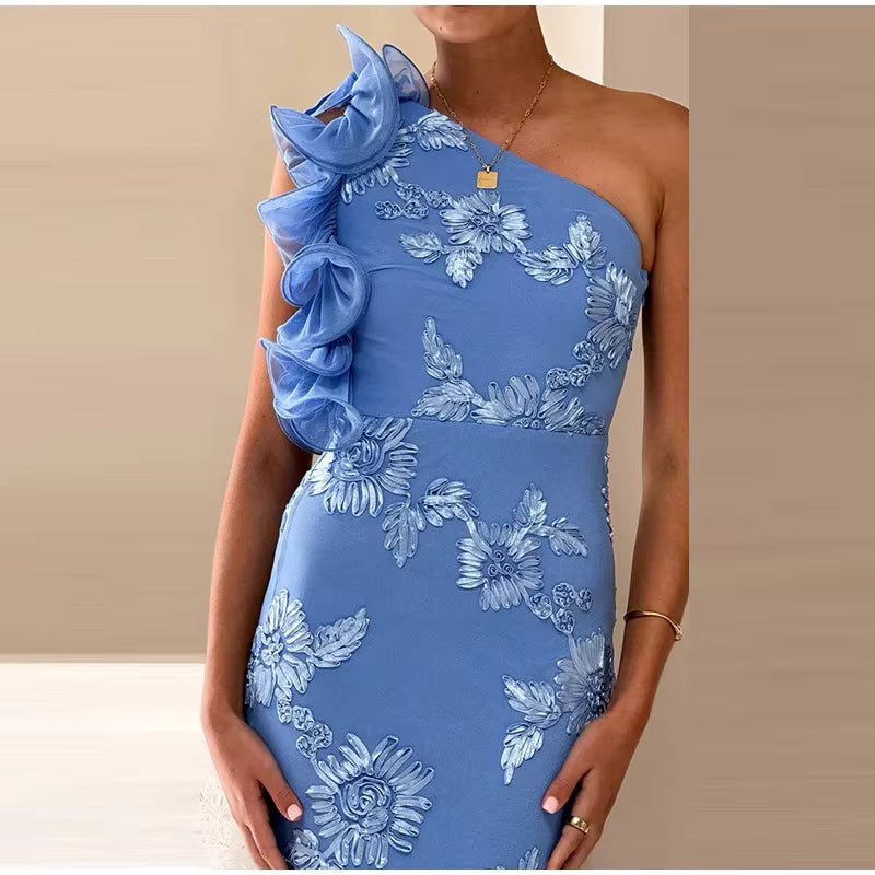 Elegant 3D Flower One Shoulder Ruched Skew Collar Sleeveless Backless Long Maxi Dress
