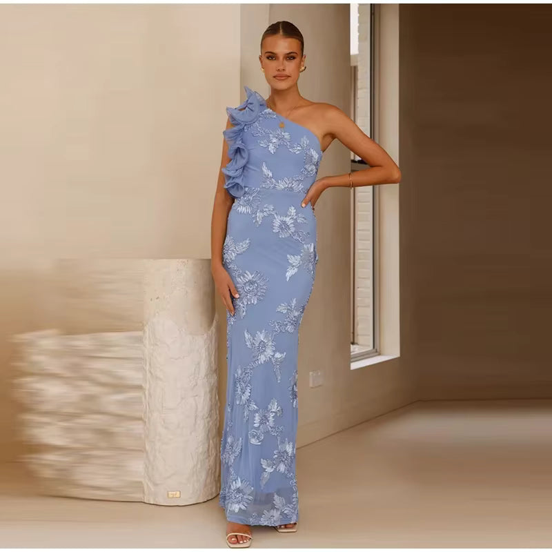 Elegant 3D Flower One Shoulder Ruched Skew Collar Sleeveless Backless Long Maxi Dress