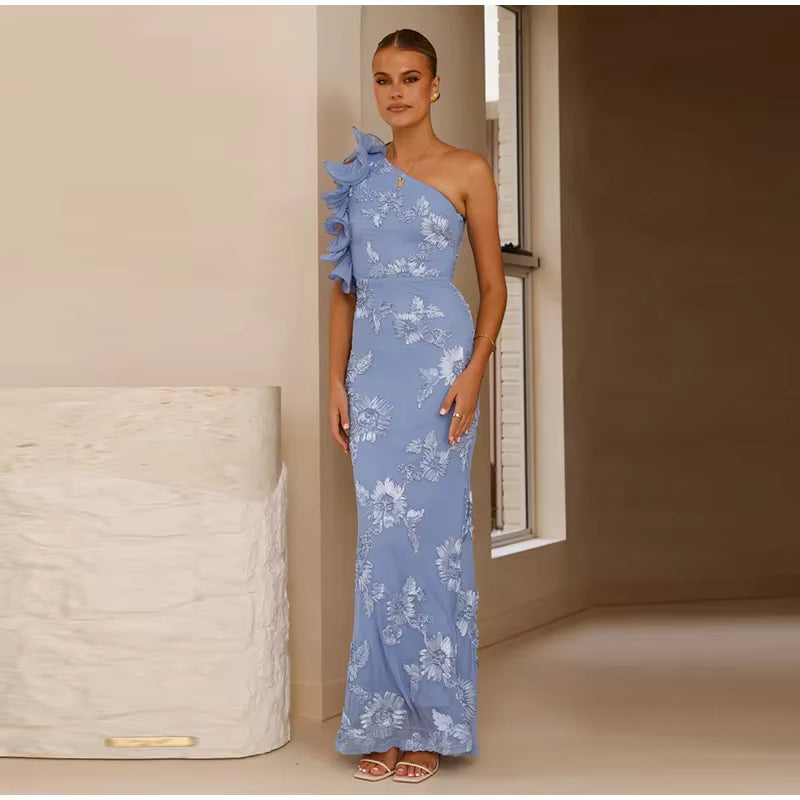 Elegant 3D Flower One Shoulder Ruched Skew Collar Sleeveless Backless Long Maxi Dress