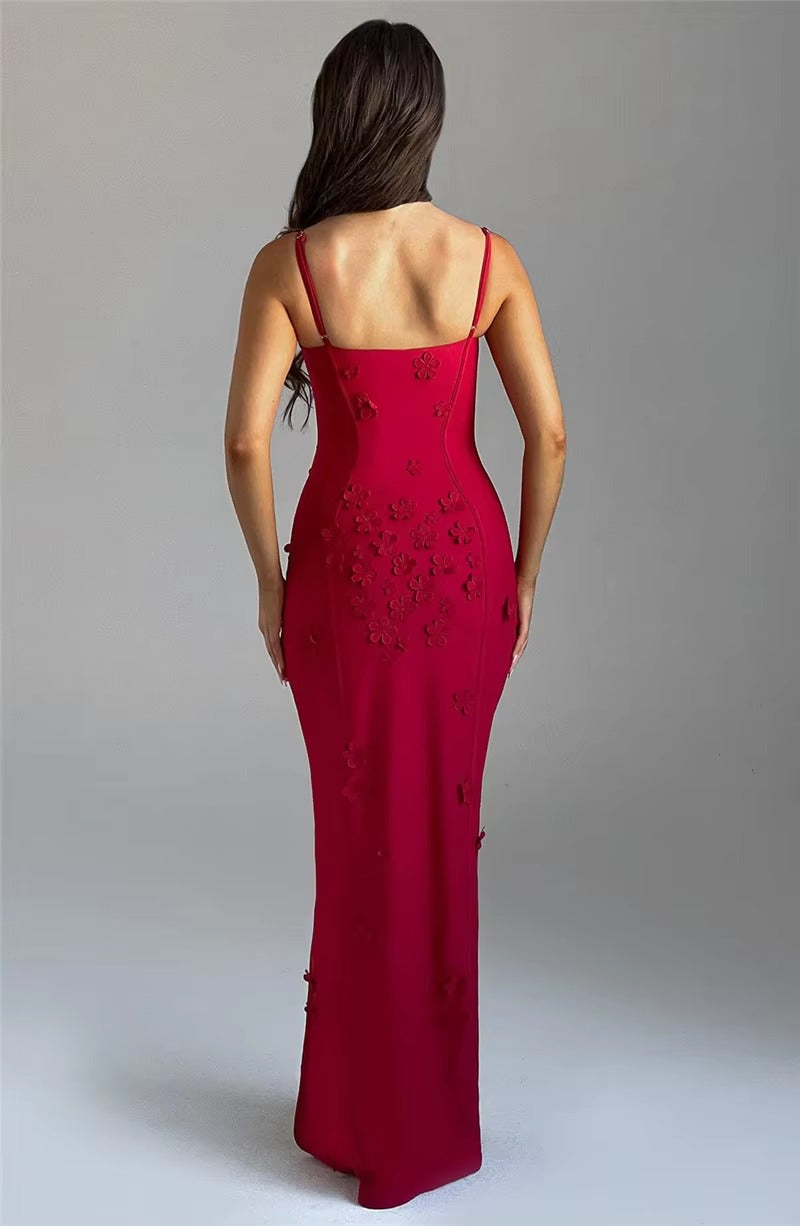 Elegant 3D Flower Spaghetti Strap Thigh High Split Maxi Dress