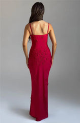 Elegant 3D Flower Spaghetti Strap Thigh High Split Maxi Dress