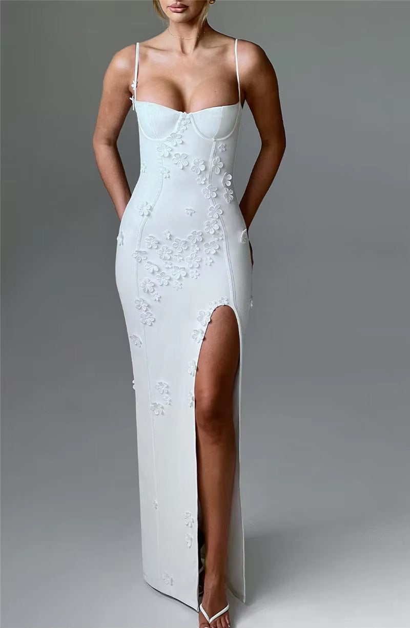 Elegant 3D Flower Spaghetti Strap Thigh High Split Maxi Dress