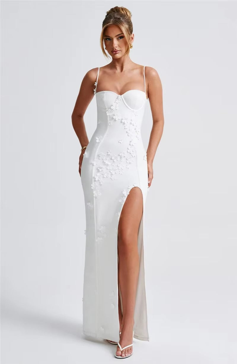 Elegant 3D Flower Spaghetti Strap Thigh High Split Maxi Dress