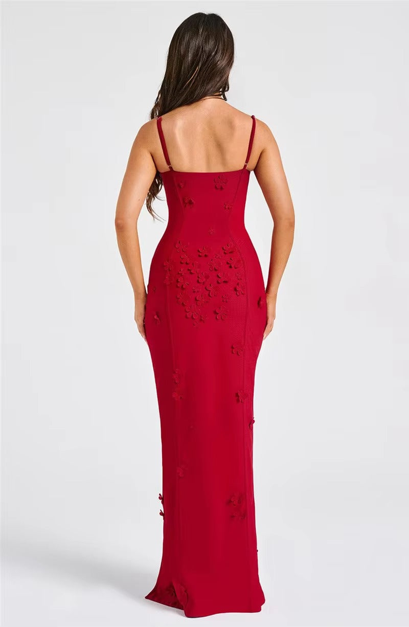 Elegant 3D Flower Spaghetti Strap Thigh High Split Maxi Dress