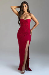 Elegant 3D Flower Spaghetti Strap Thigh High Split Maxi Dress