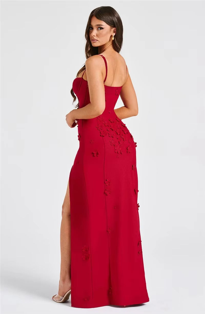 Elegant 3D Flower Spaghetti Strap Thigh High Split Maxi Dress
