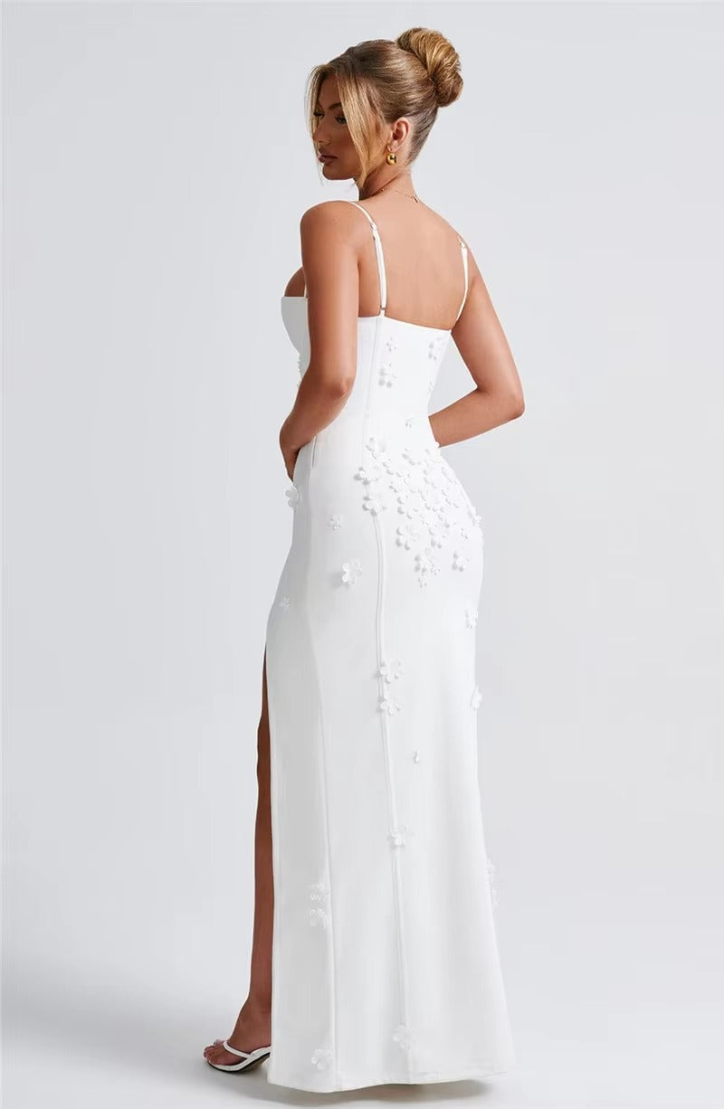 Elegant 3D Flower Spaghetti Strap Thigh High Split Maxi Dress