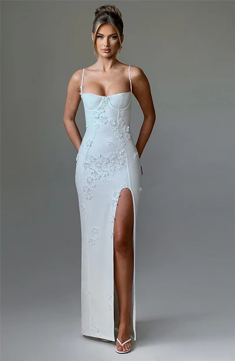 Elegant 3D Flower Spaghetti Strap Thigh High Split Maxi Dress