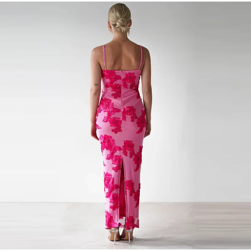 Elegant 3D Flower Strapless Ruched Skew Collar Sleeveless Backless Long Maxi Dress