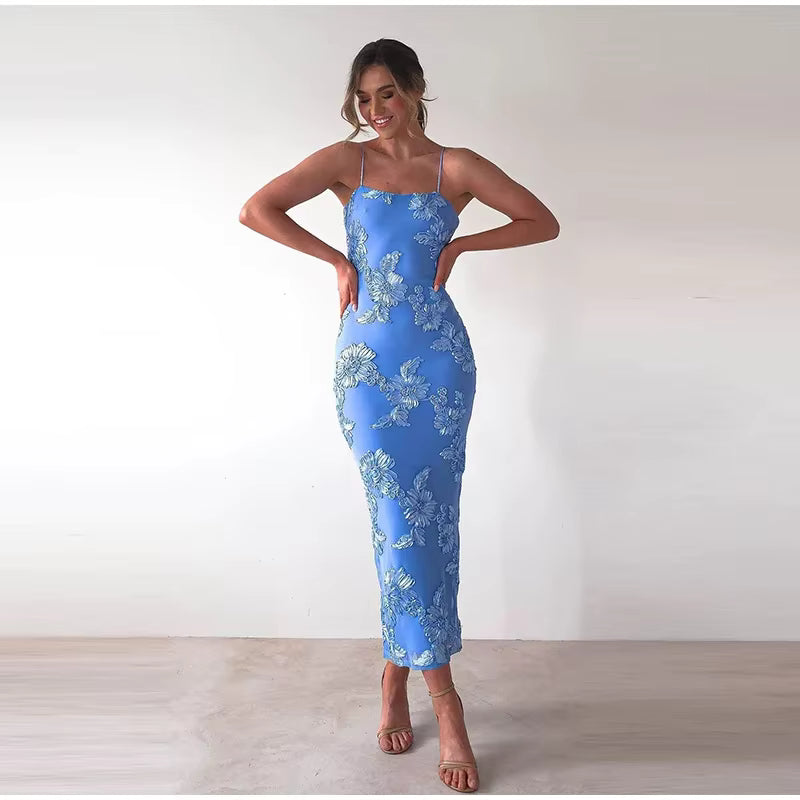 Elegant 3D Flower Strapless Ruched Skew Collar Sleeveless Backless Long Maxi Dress
