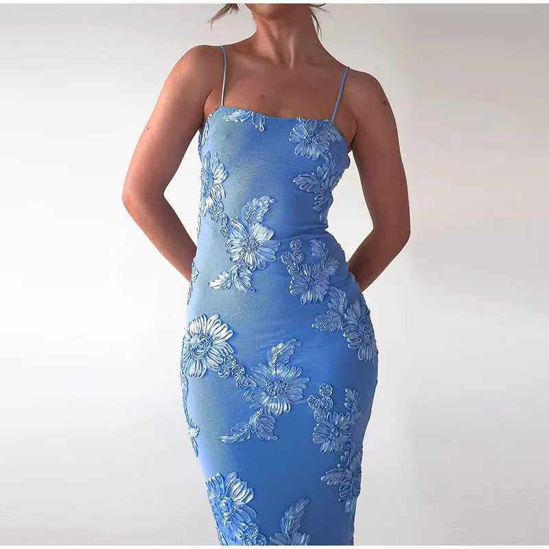 Elegant 3D Flower Strapless Ruched Skew Collar Sleeveless Backless Long Maxi Dress