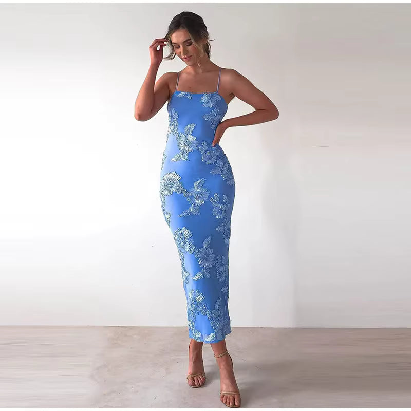 Elegant 3D Flower Strapless Ruched Skew Collar Sleeveless Backless Long Maxi Dress