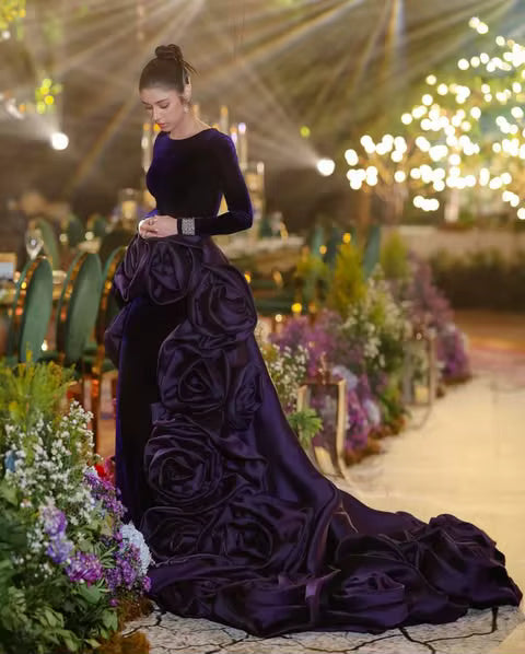 Elegant 3D Flower With Detachable Train Full Sleeves Velvet Long Maxi Dress