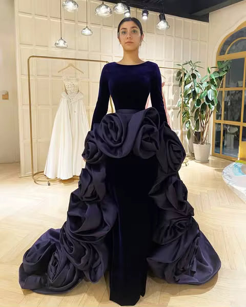 Elegant 3D Flower With Detachable Train Full Sleeves Velvet Long Maxi Dress