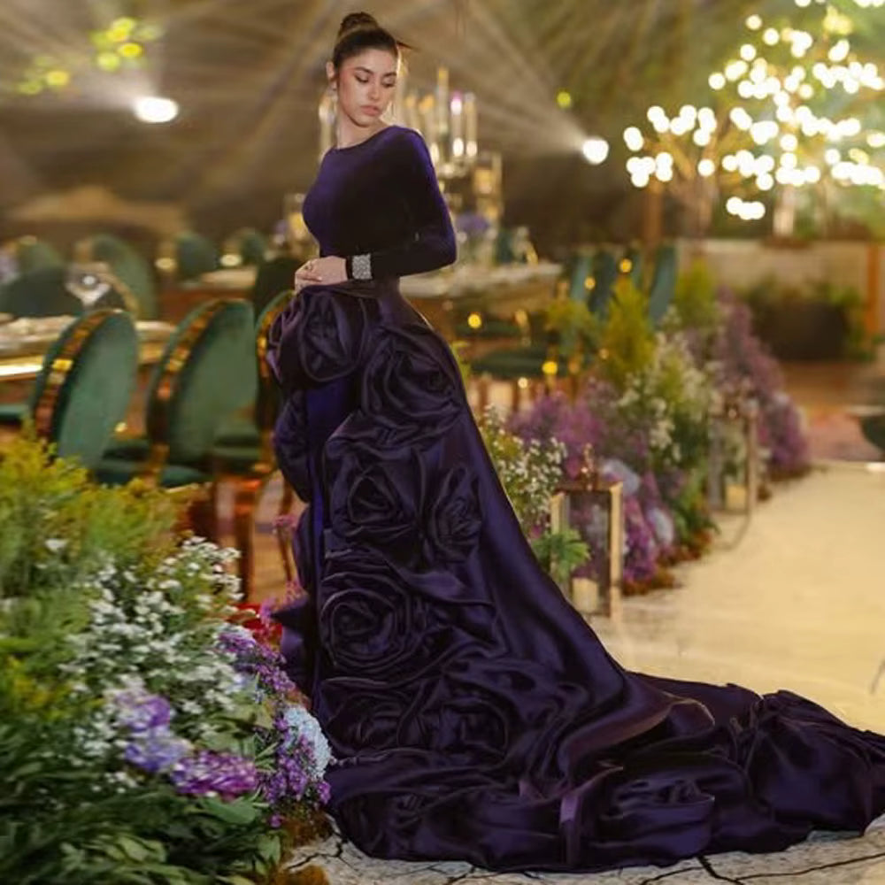 Elegant 3D Flower With Detachable Train Full Sleeves Velvet Long Maxi Dress