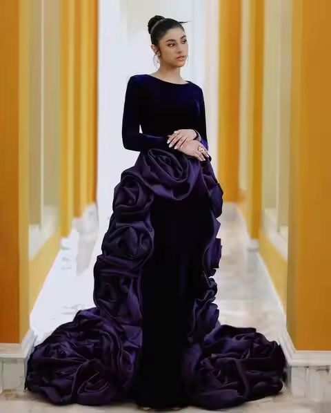 Elegant 3D Flower With Detachable Train Full Sleeves Velvet Long Maxi Dress