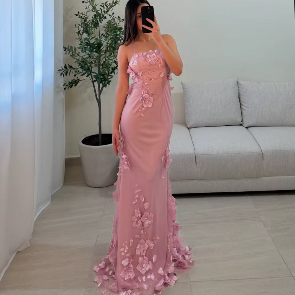 Elegant 3D Flowers Spaghetti Strap Backless Satin Floor-Length Maxi Dress